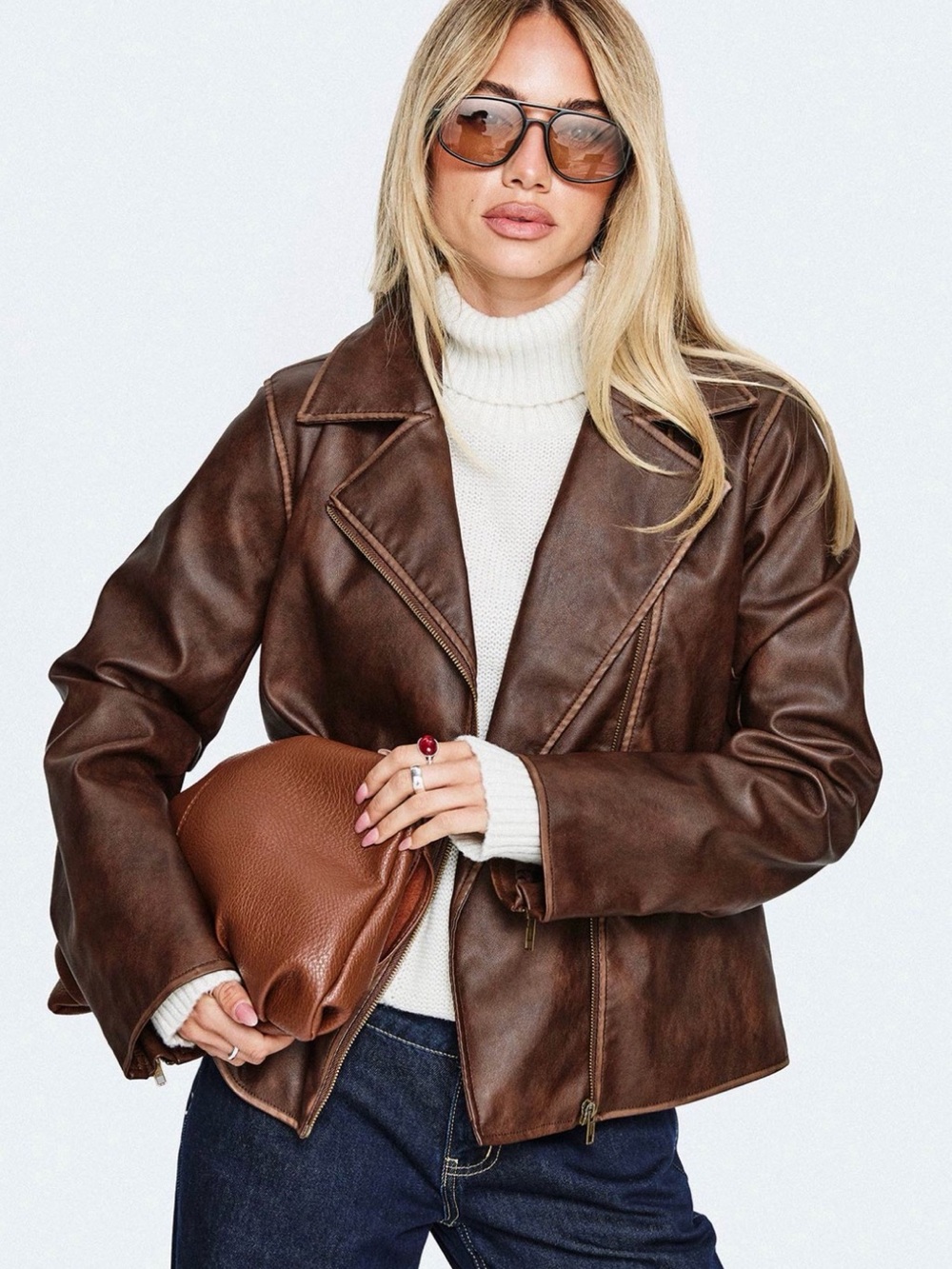Princess Polly Brown Faux Leather Moto Jacket